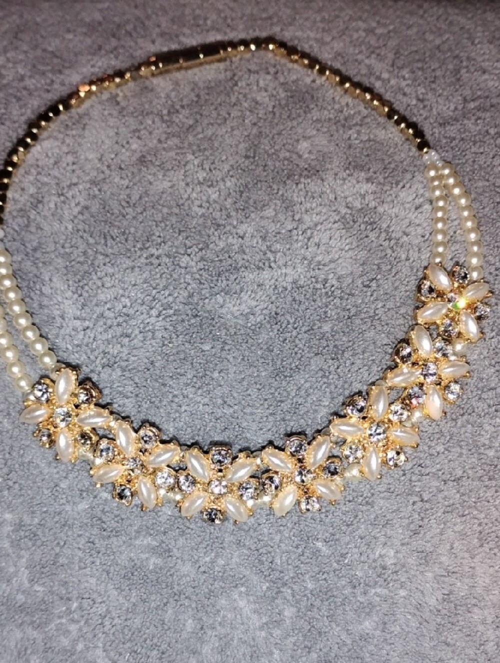 Elegant Gold Pearl & Crystal Floral Statement Necklace